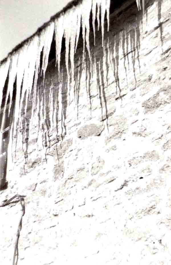 Closeup of icicles on The Retreat 1963
