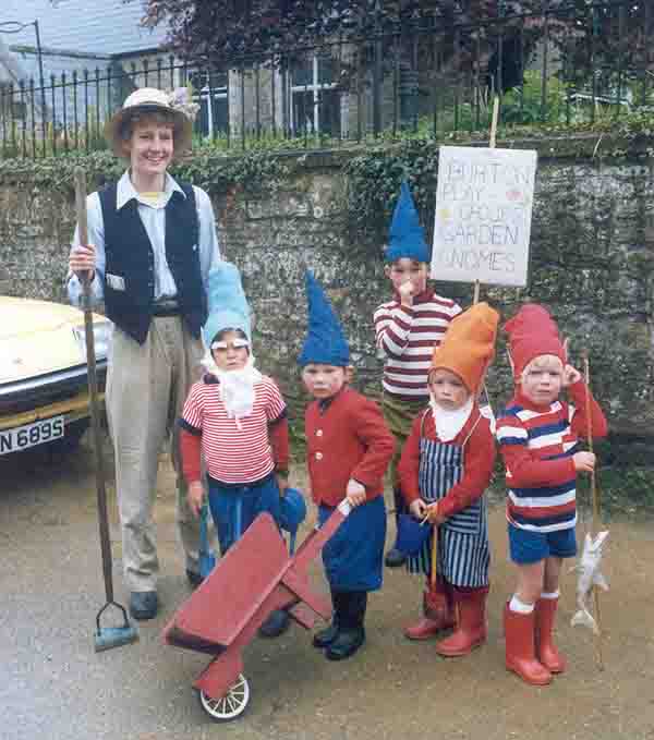 Sarah Humphries & garden gnomes Megan, Hugo & other children - early 1980s