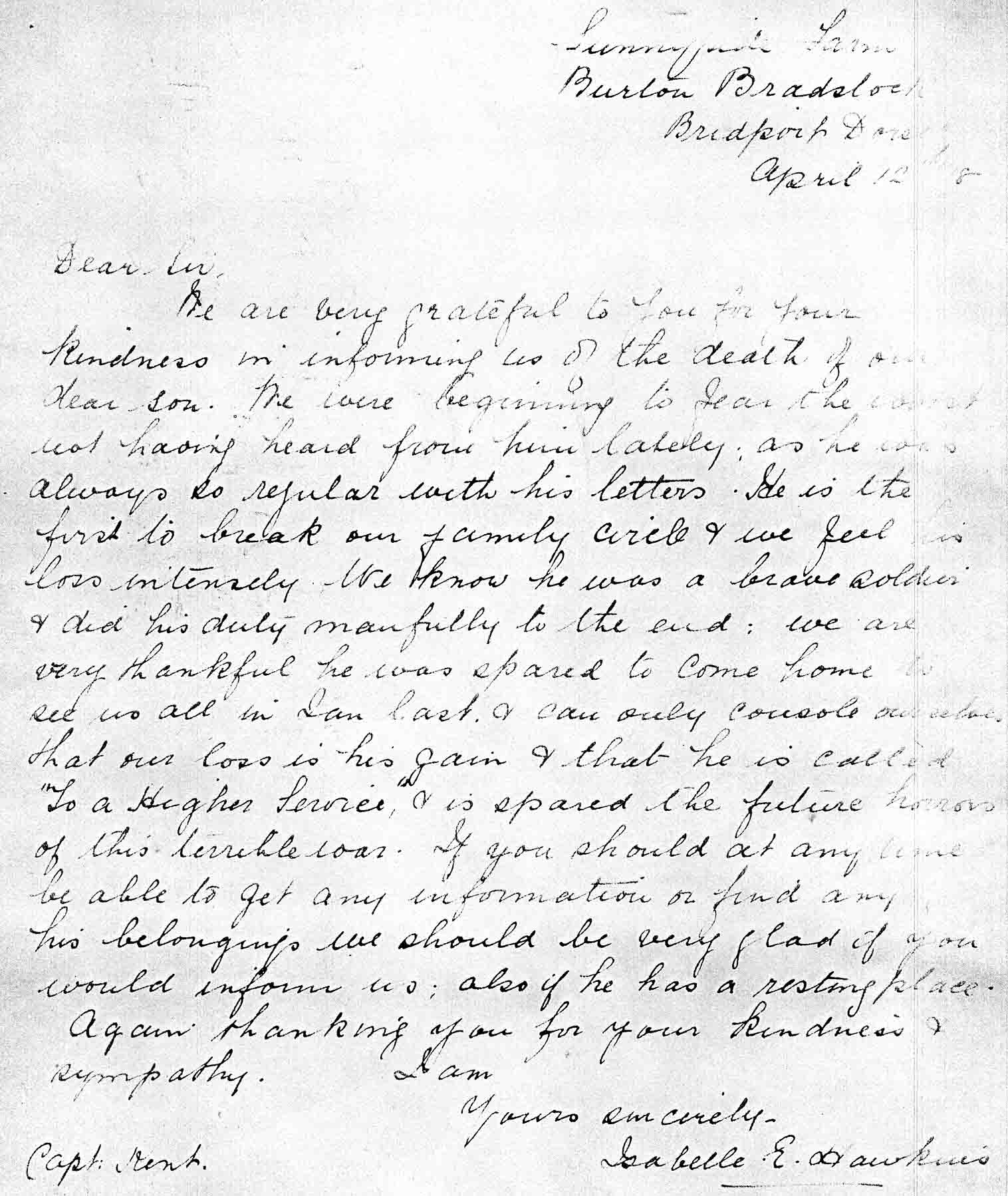 Letter of reply to Capt Kent from Conrad Hawkins' parents