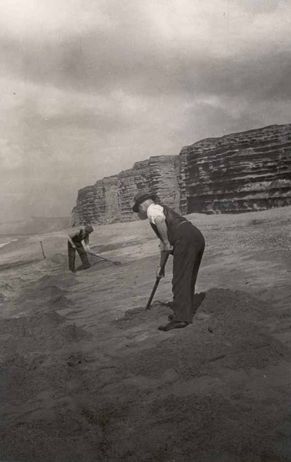 Joe Phillips plus (?can you help identify?) shingle raking on Burton Beach