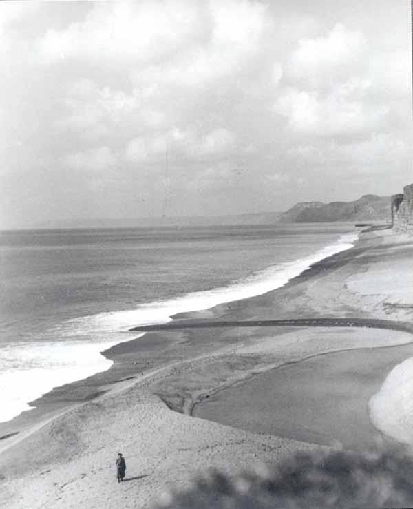 Mouth of the River Bride 1937 - the river finds its way through the shingle on the beach