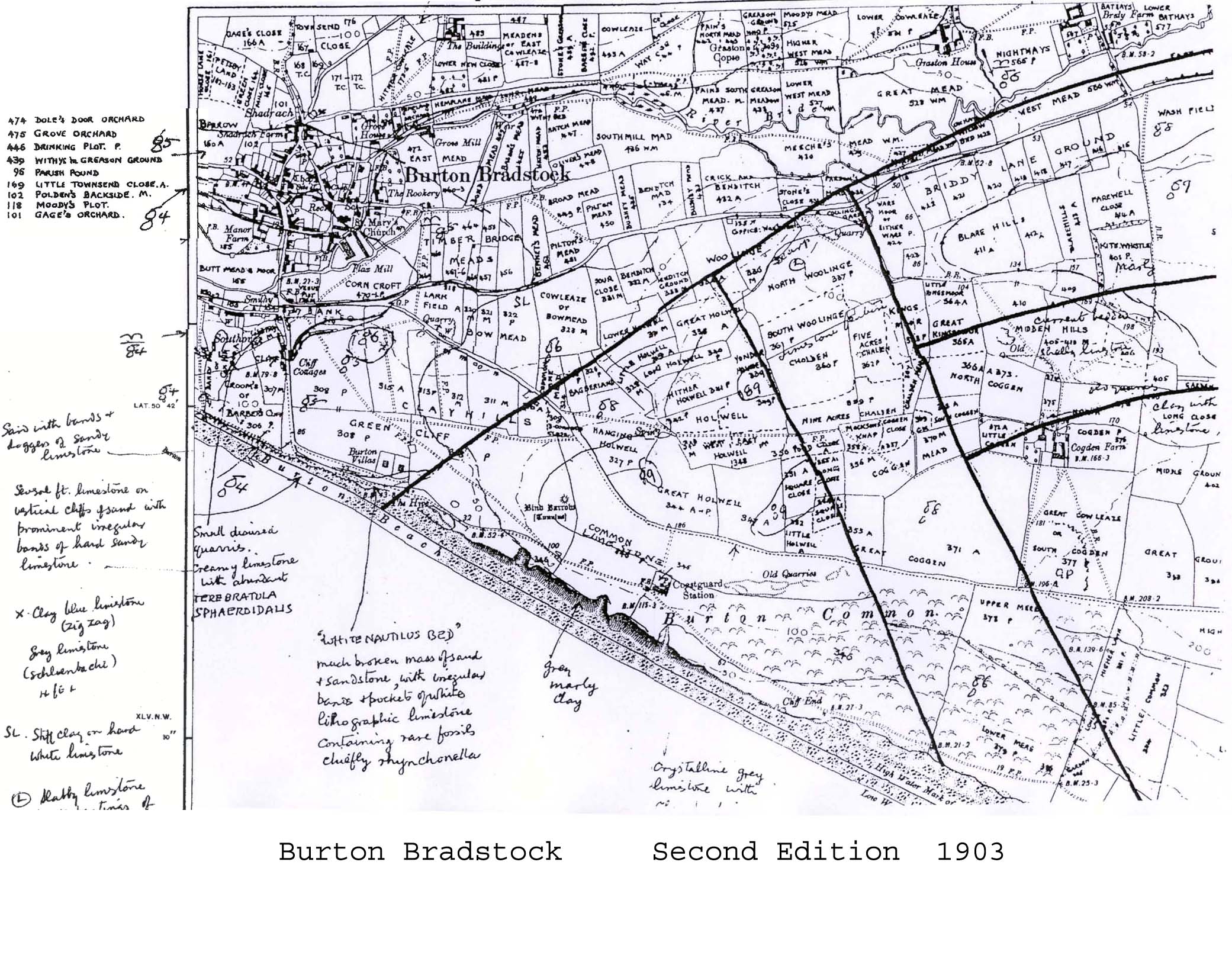 This map of 1903 shows the old quarries and field names for all fields in the village